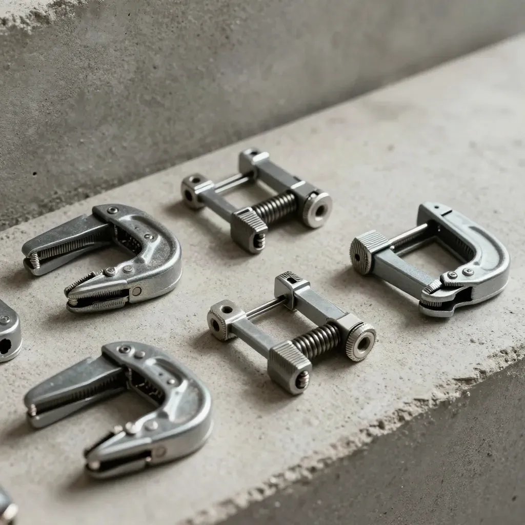 Spring clamps, cable clips and mini-grips clustered on pale concrete with skimming light.