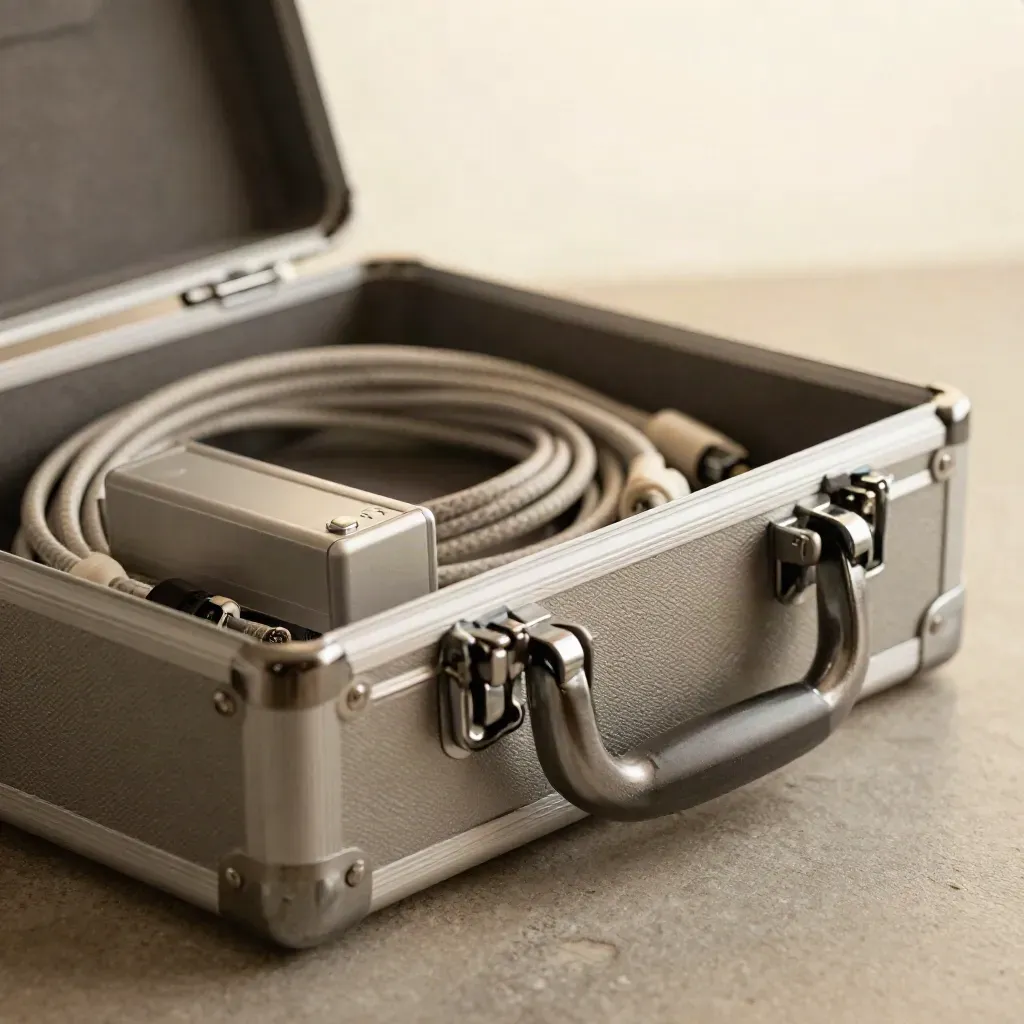 Opened broadcast kit with cable, battery brick and grip bracket on brushed stone