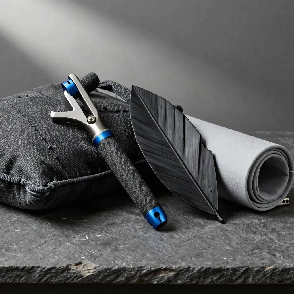 Blue Arc Studio grip gear on dark stone with soft daylight and an electric-blue accent.