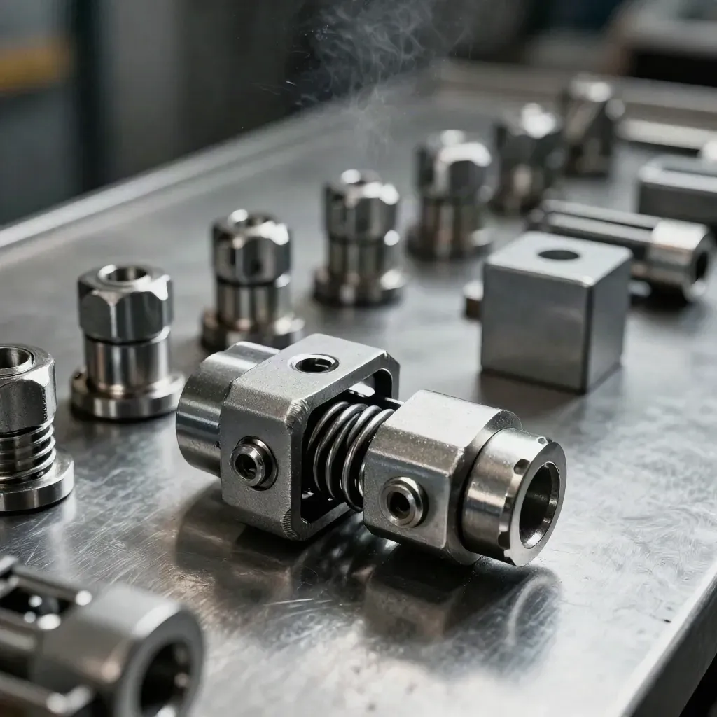 Rail coupler, clips, axle caps, and inspection block on brushed steel under dramatic light.