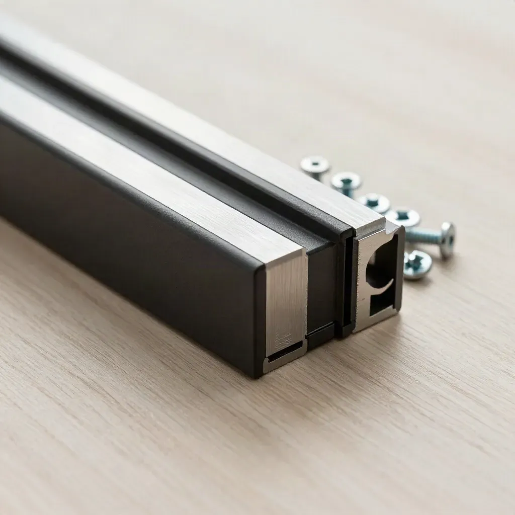 Overhead macro of brackets, aluminium offcuts and screws neatly arranged on pale ash