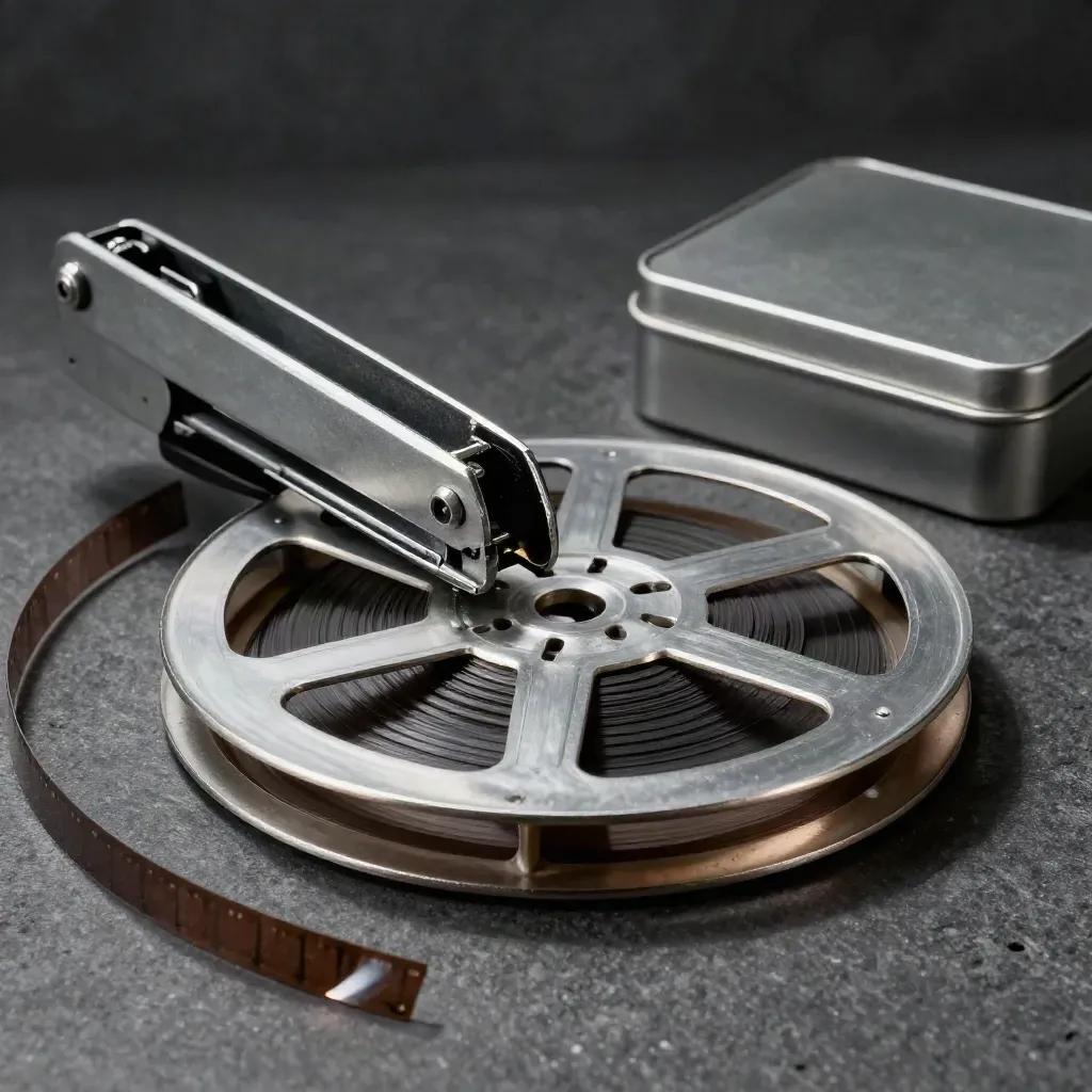 Film reel, splicer, acetate strips and tin on graphite stone in moody light.