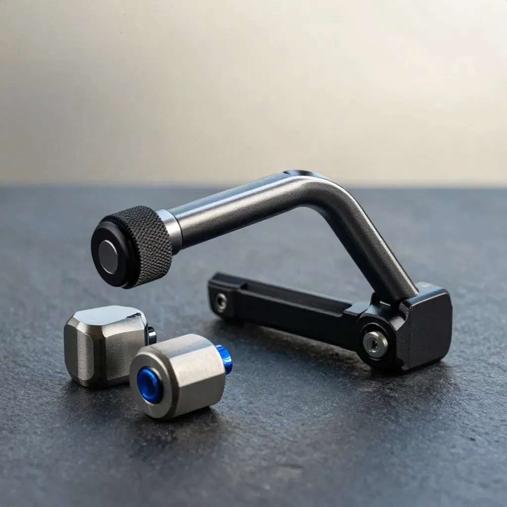 Folded 3-axis gimbal head with counterweights on a dark matte stone surface