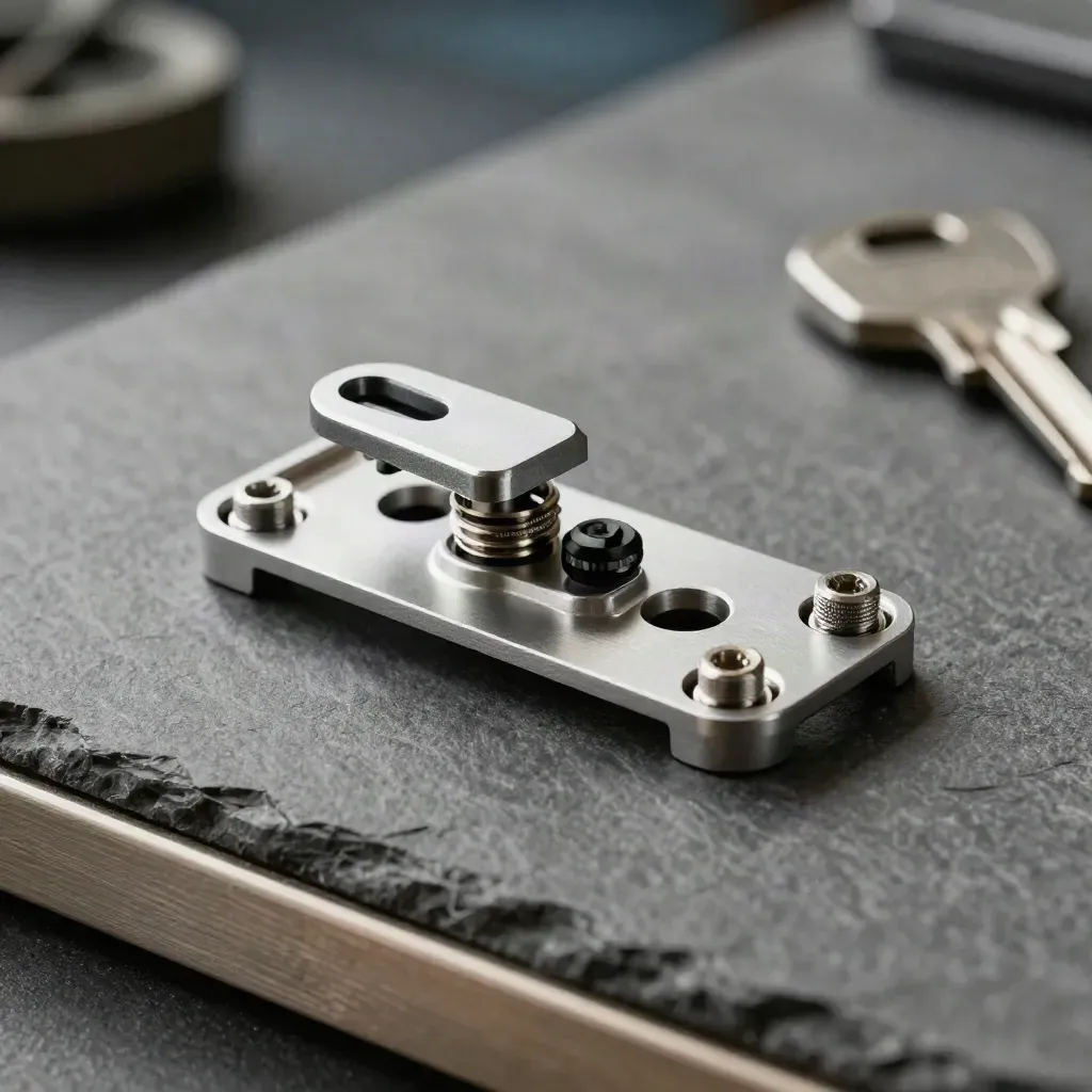 Silver drone mount plate with vibration isolators and locking screws on a dark graphite slab.
