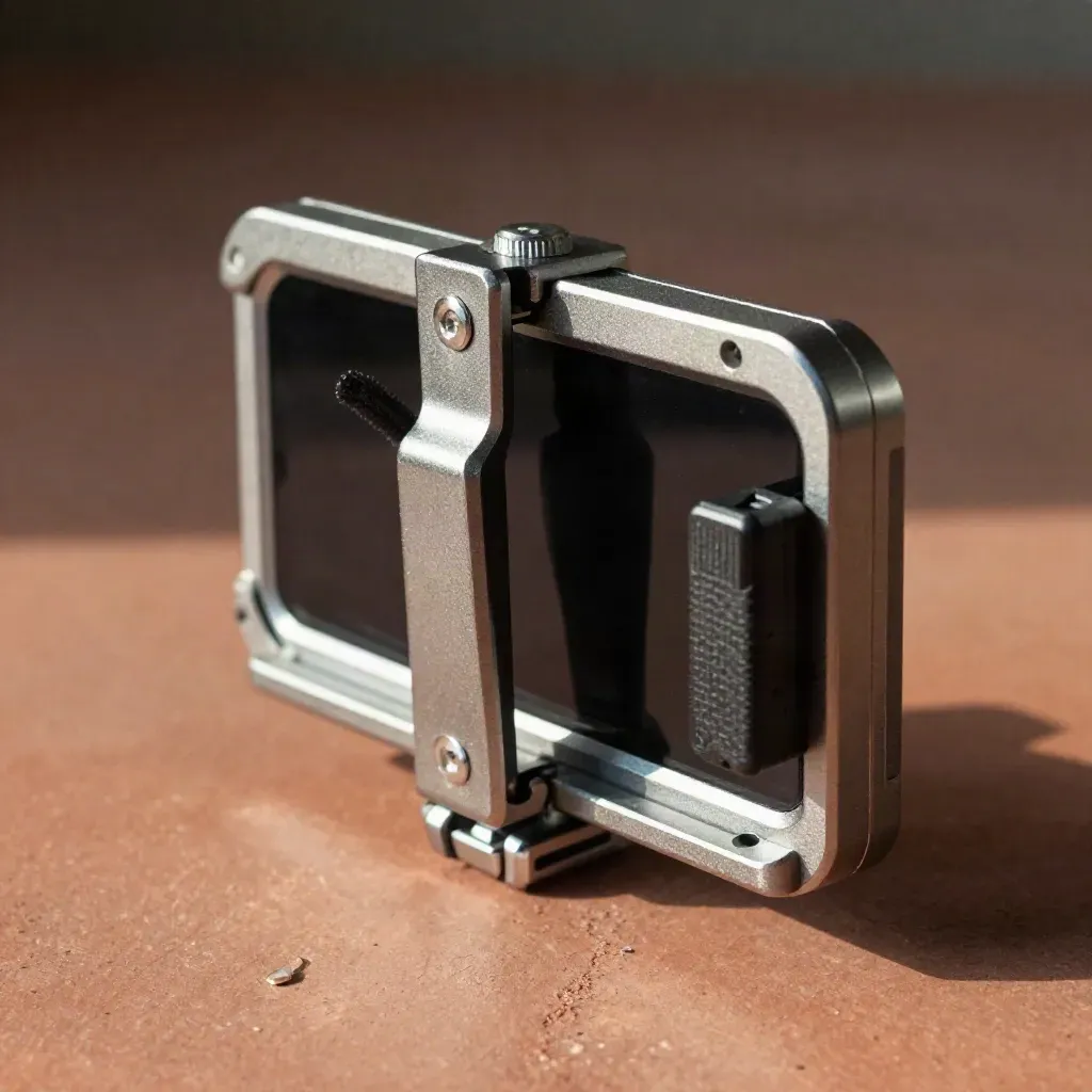 Top-down macro of a phone video rig cage with grip, thumb screw, and cable clip on terracotta clay.