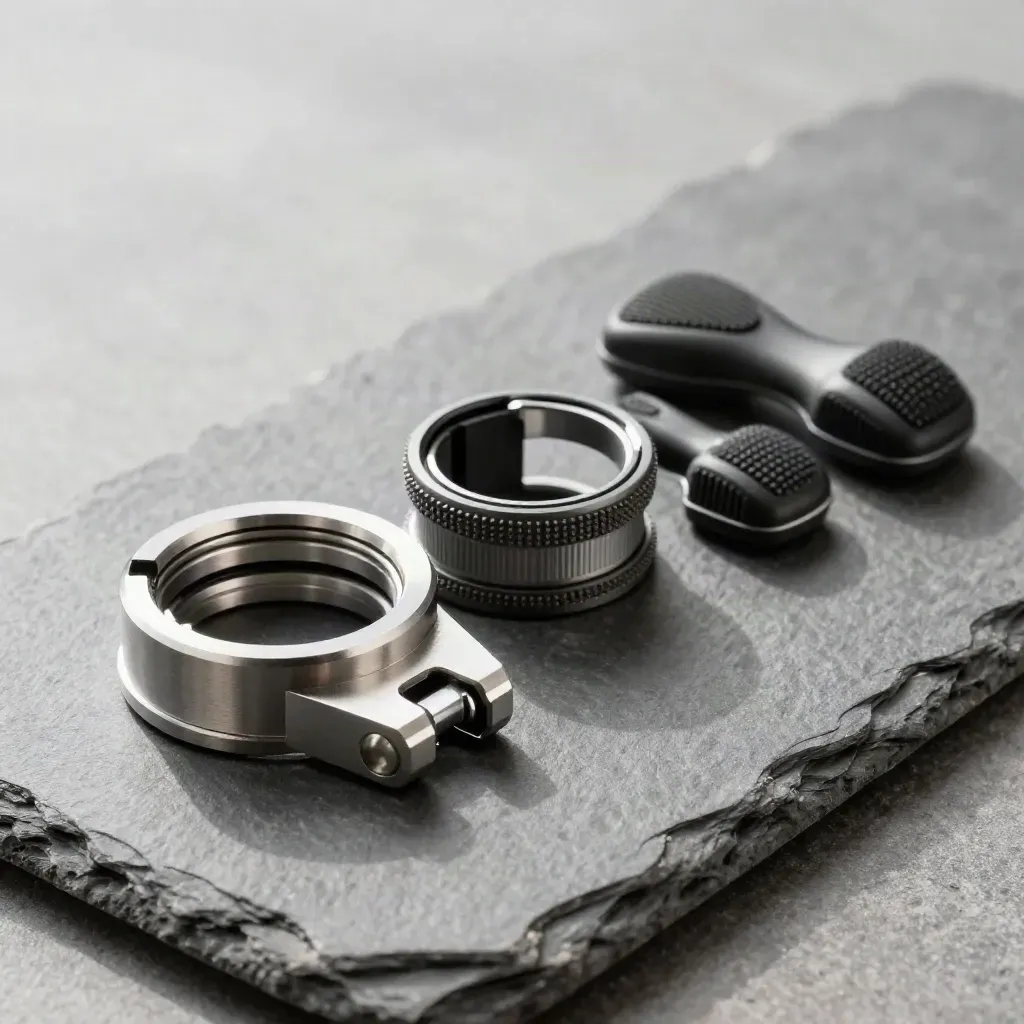 Quick-release plate, clamp collar, and rubber feet on slate stone under soft daylight.