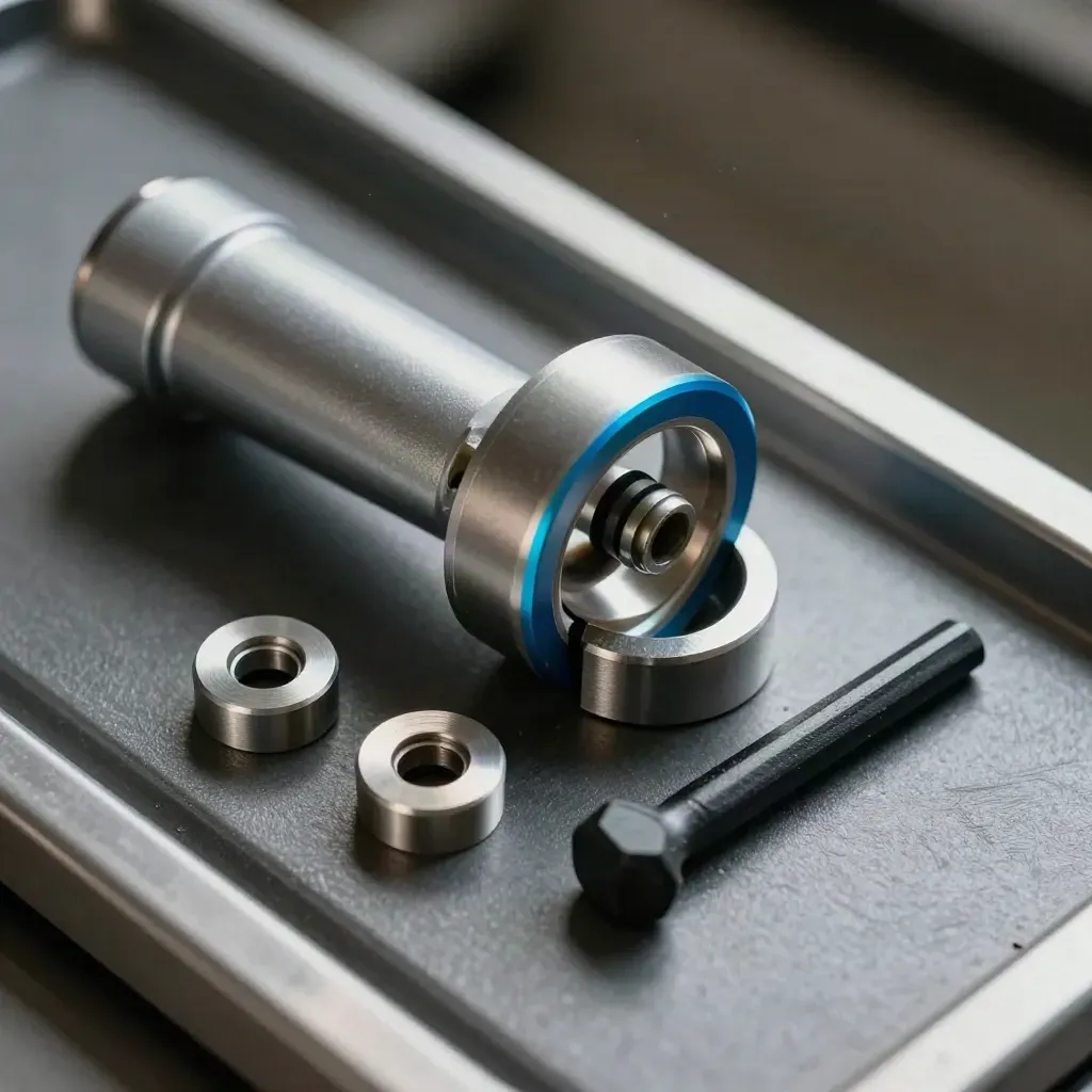 Stabilizer balance tools on a graphite repair tray under soft directional light.