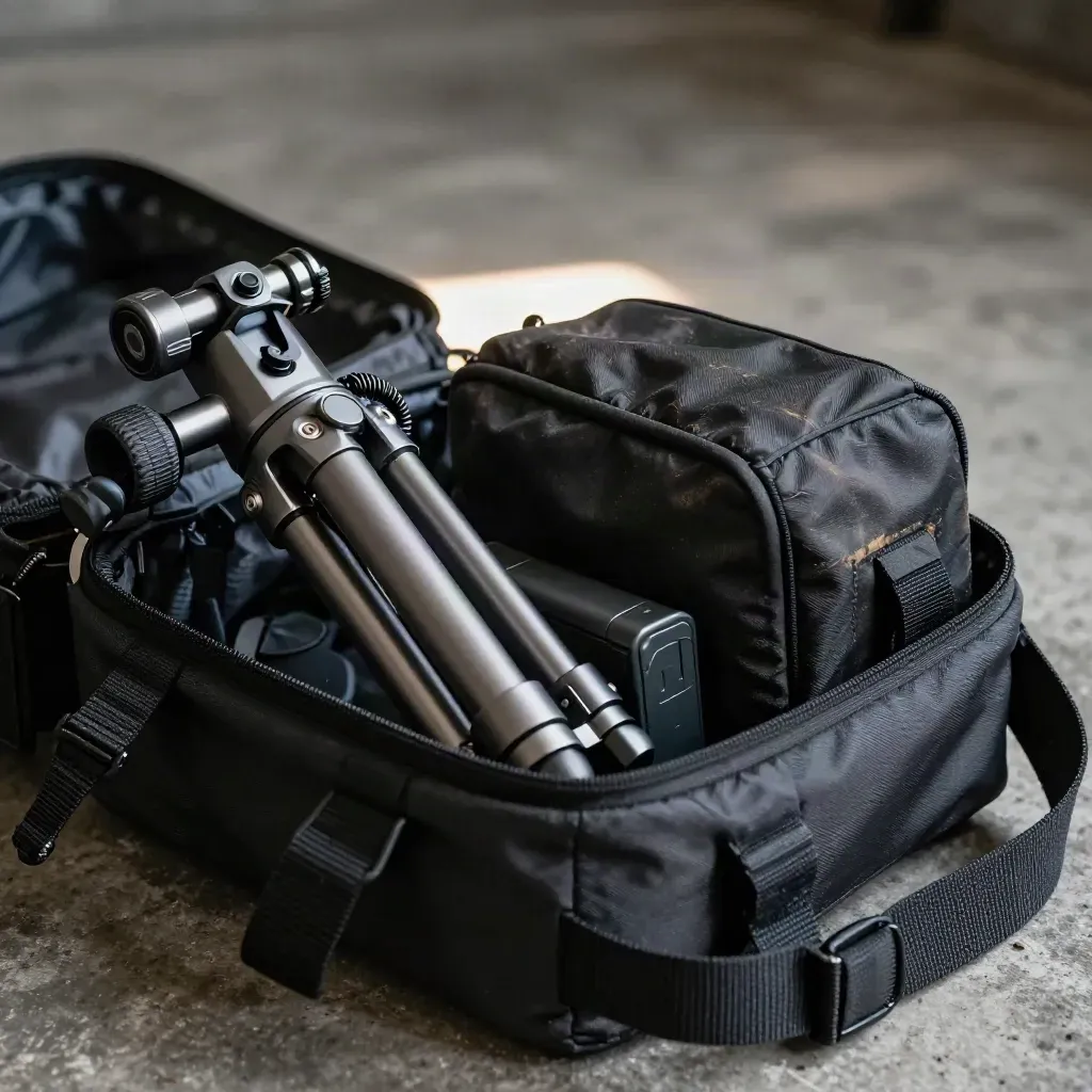 Open gimbal kit with tripod legs, clamp, battery and bag in a close-up.