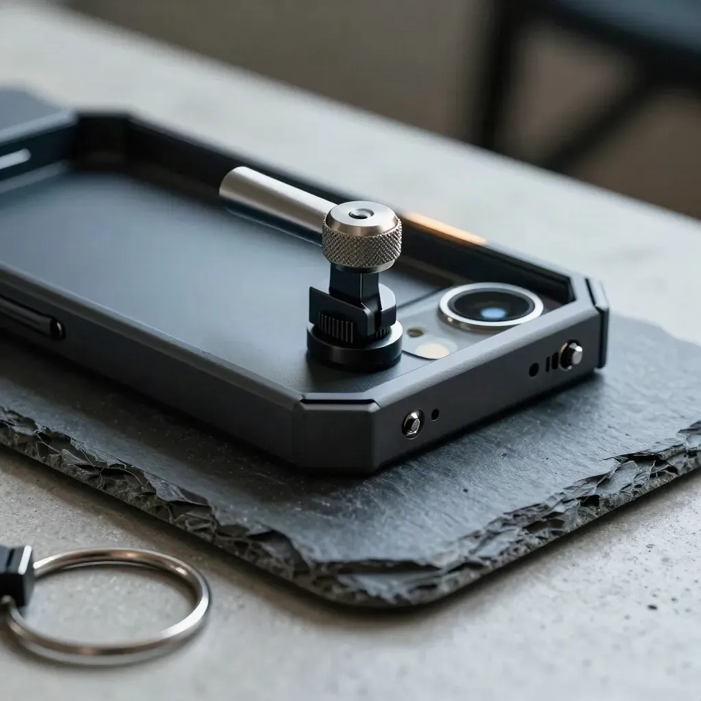 Macro still life of phone cage accessories on a slate concrete bench.
