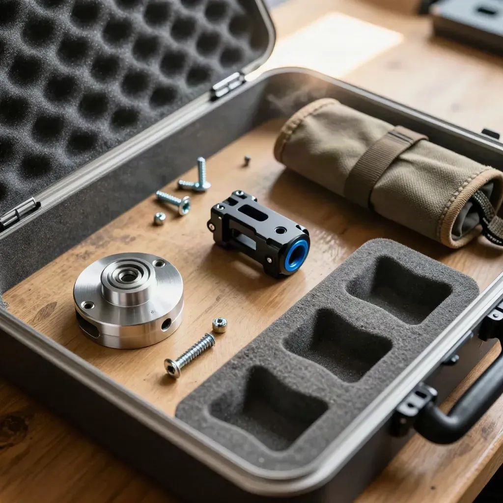 Open case with gimbal parts, screws, bracket and tool pouch on a honey-oak bench.