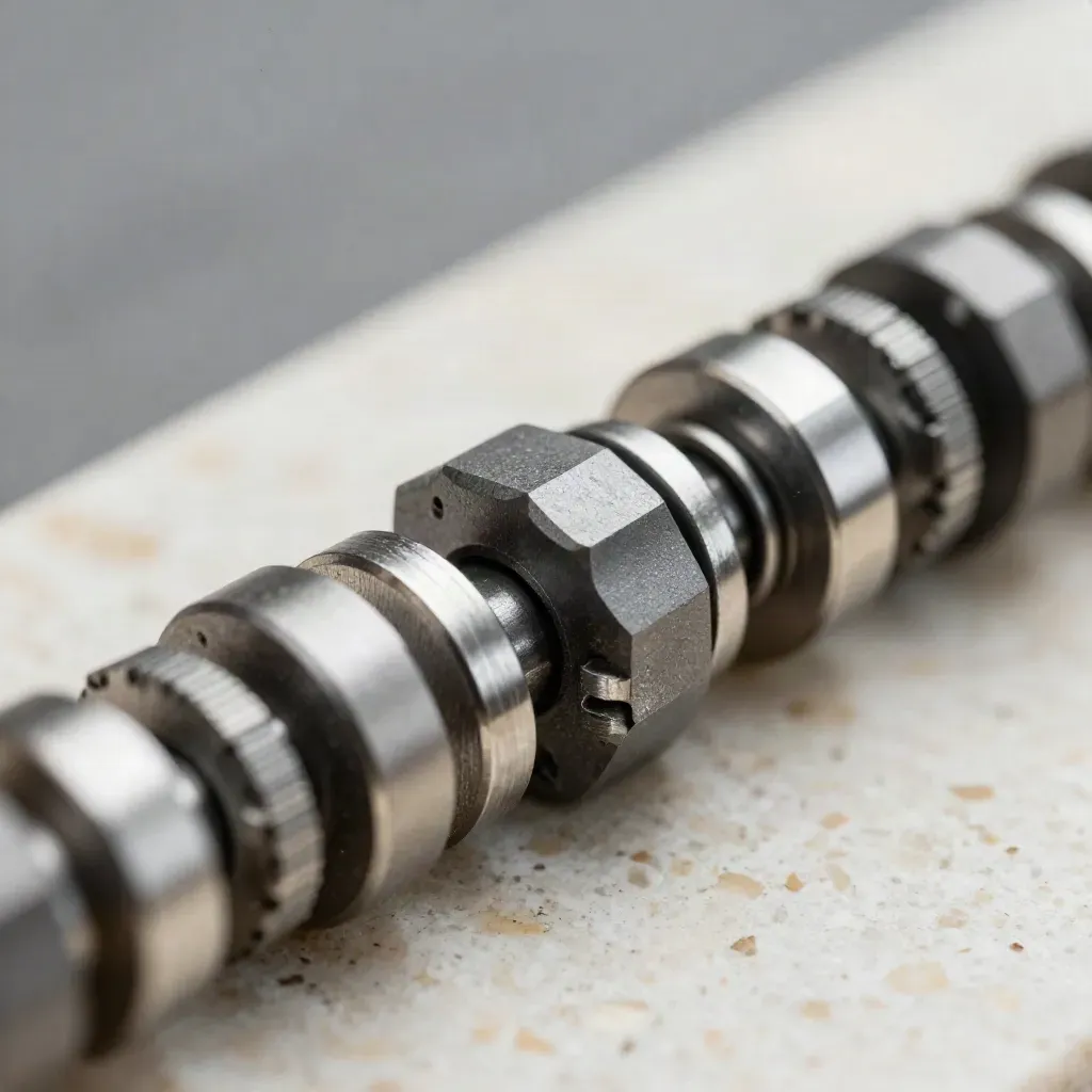 Macro still life of machined blocks, steel rings, and spacers locking together on pale stone.