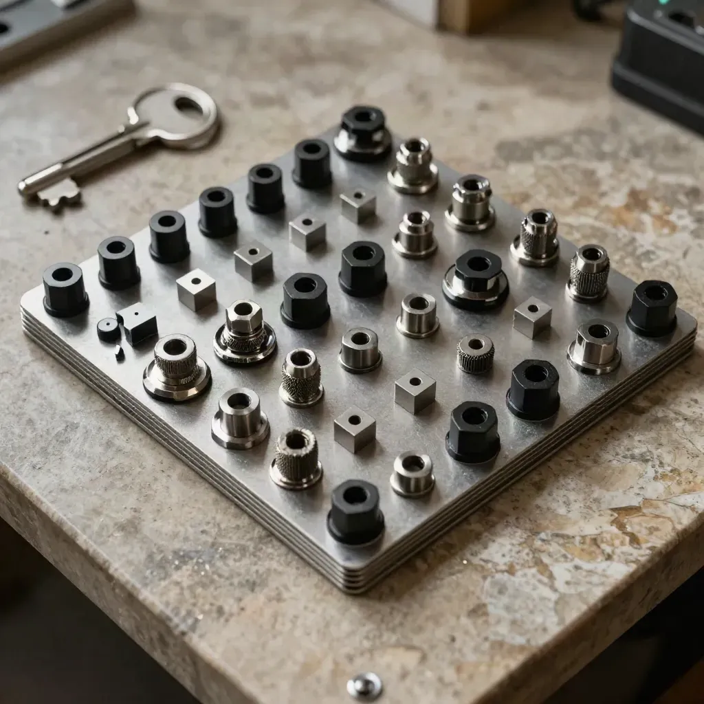 Top-down still life of anodised plates, hex spacers, and precision connectors on limestone.