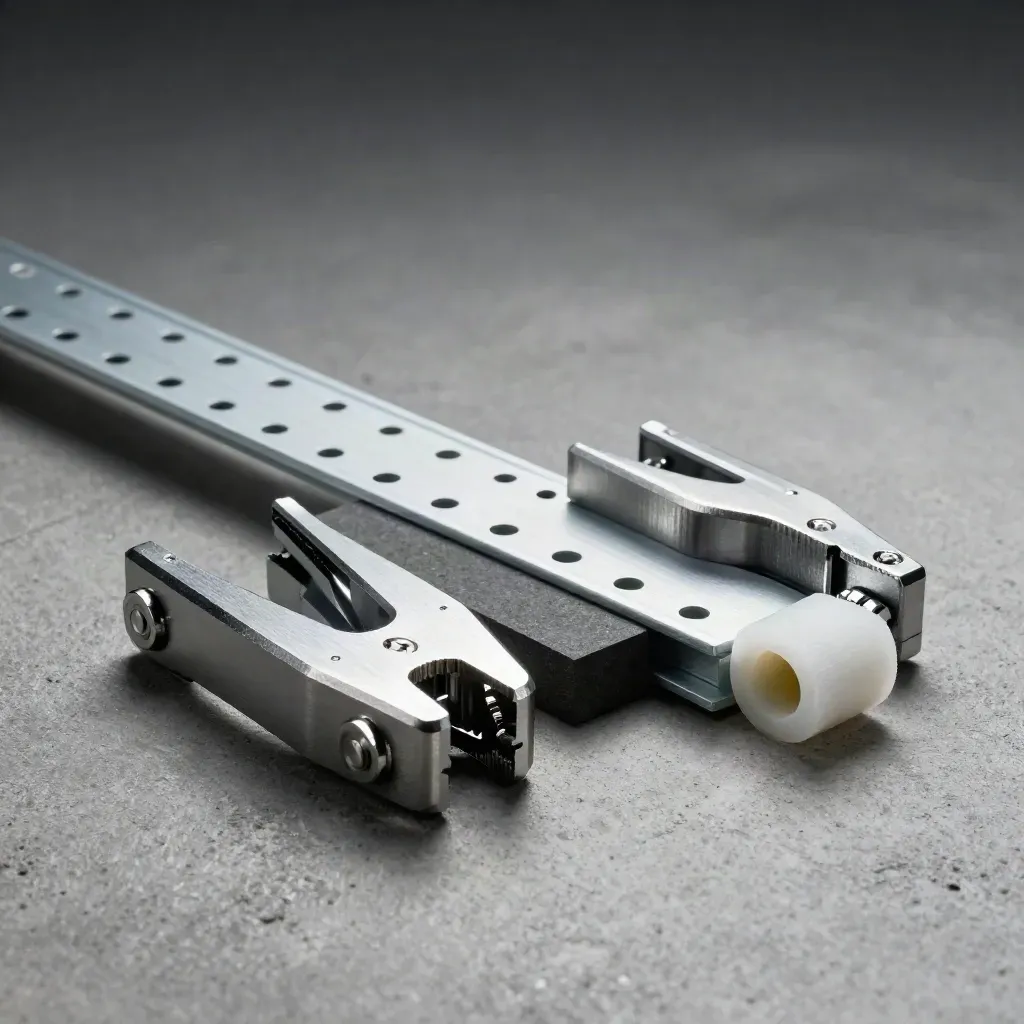 Modular clamps, perforated rail, and graphite blocks aligned on cool concrete in soft haze.