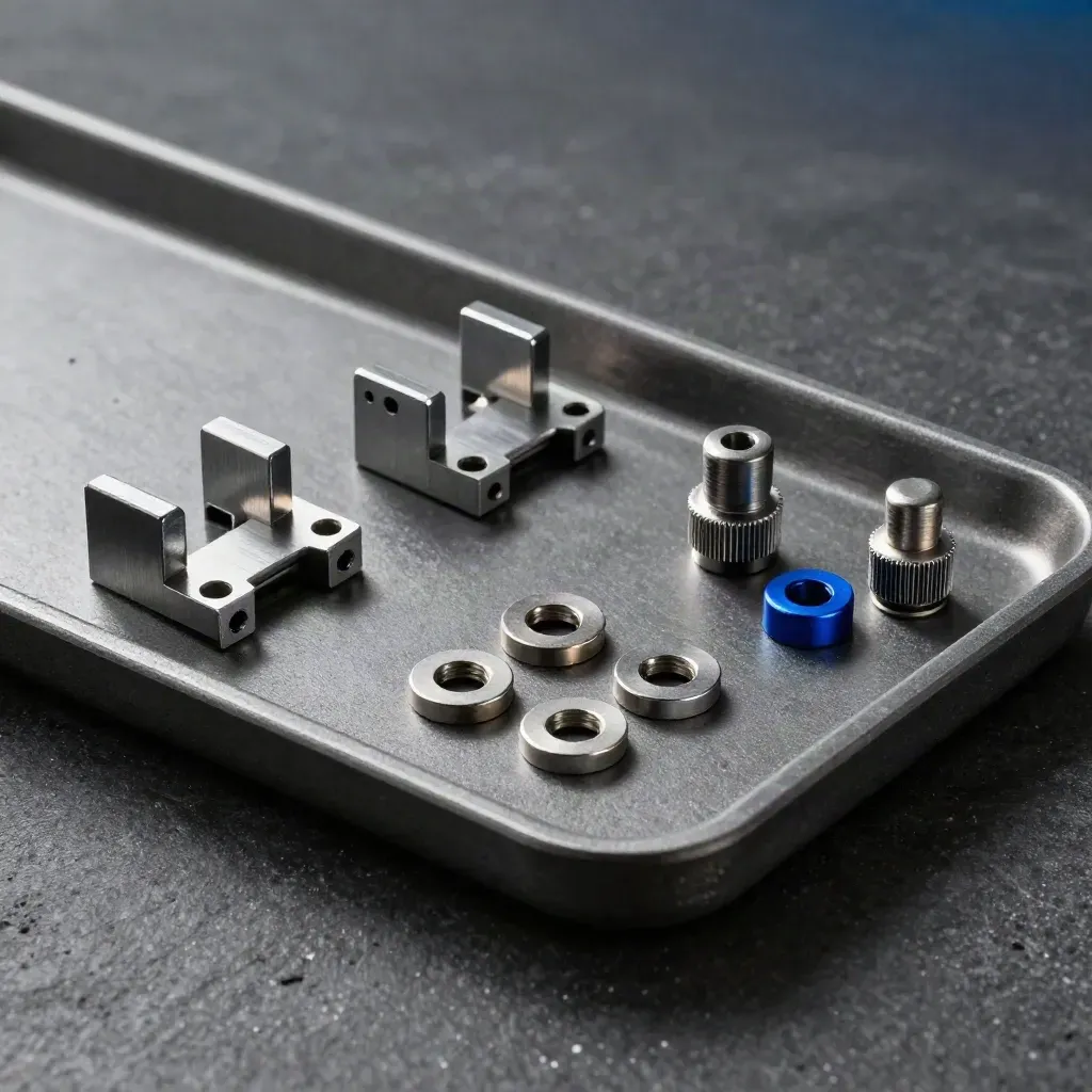 Brushed Jira repair parts on charcoal stone, staged as a precise workflow still life with a blue accent.