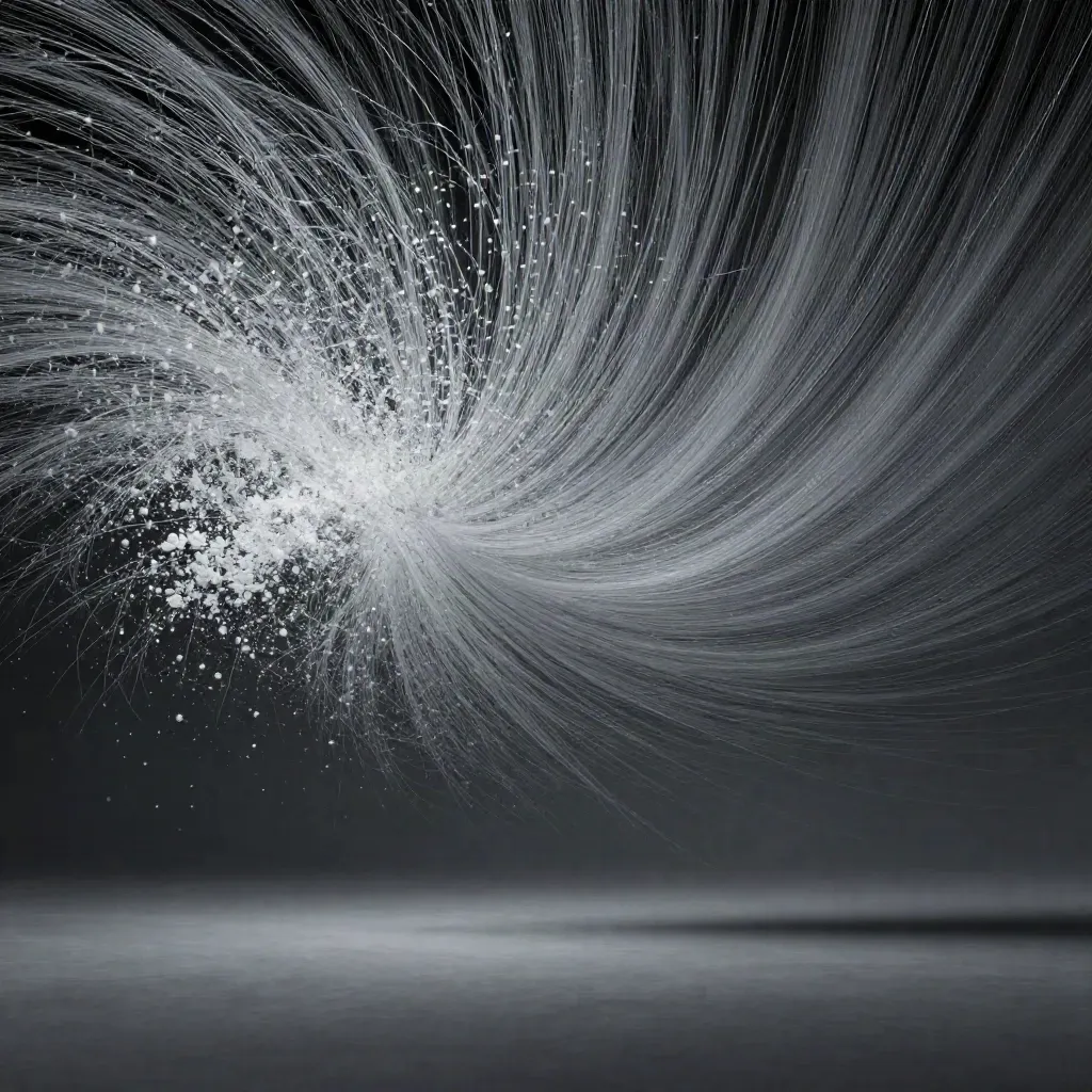 Silver filaments converge into a soft white bloom in dark graphite haze.